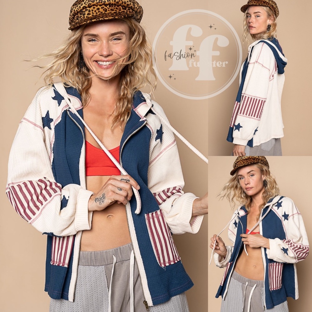 POL Stars and Stripes American Flag Thermal Knit Zip Up Hooded Jacket Hoodie